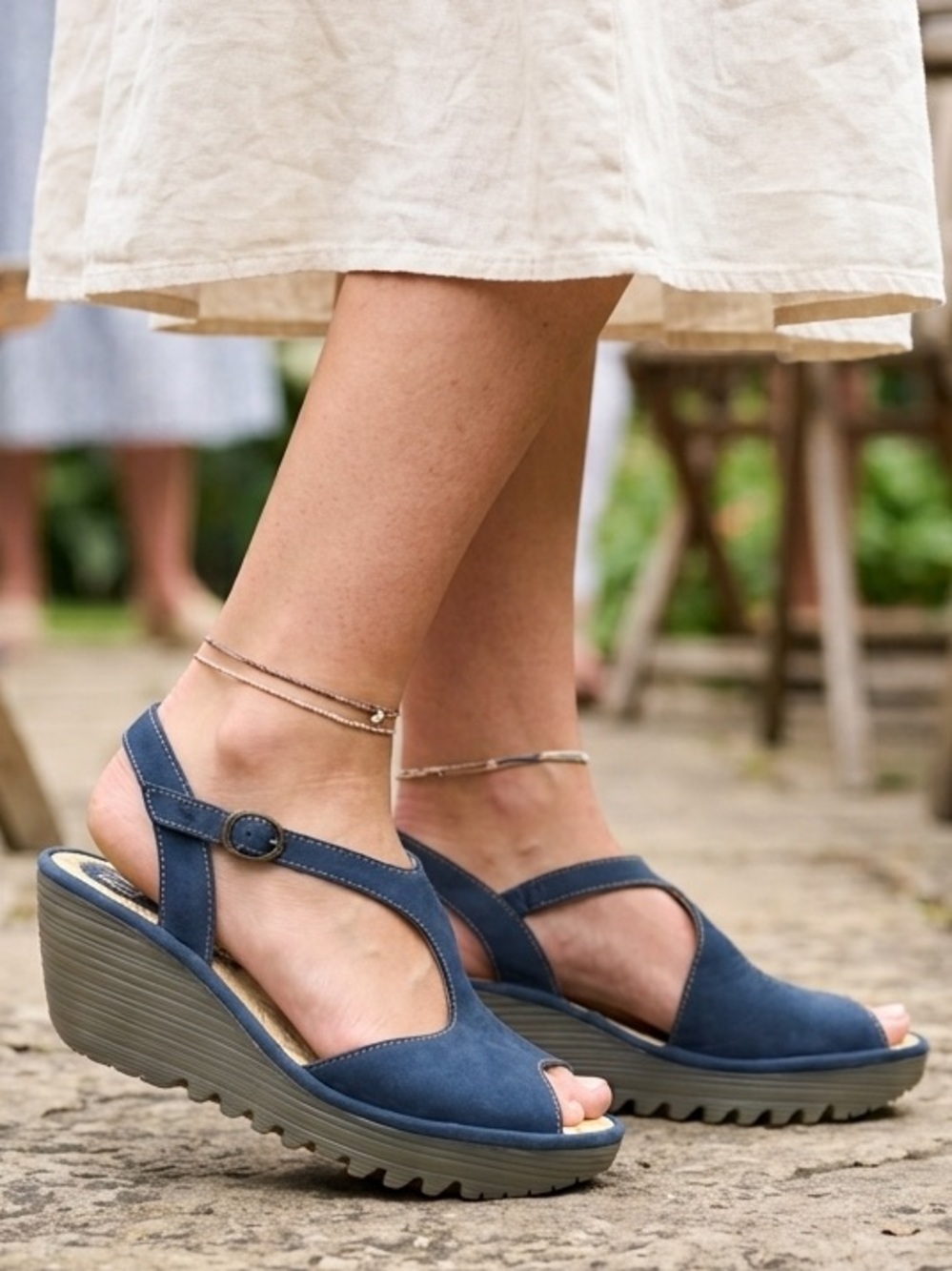 FLY LONDON Blue Suede Ankle Strap Wedge Sandals EU 42 US 11-11.5 Peep Toe Casual